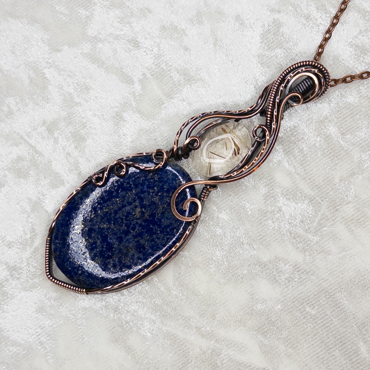 Lapis Lazuli & Gold Rutilated Quartz Antiqued Copper Statement Pendant