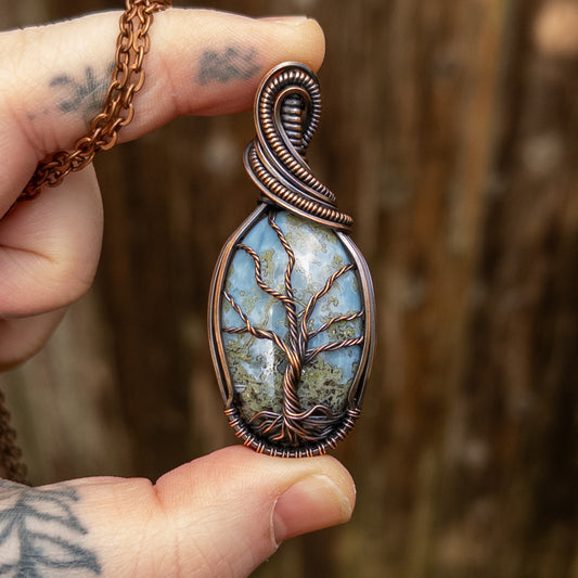 Mossy Blue Opal Woven Tree Copper Wrapped Pendant