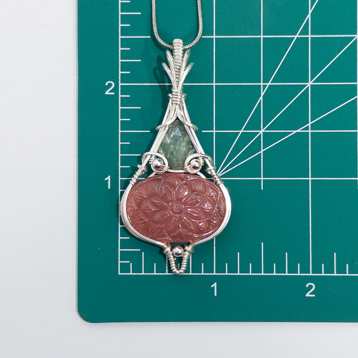 Floral Carved Rhodochrosite & Rose Cut Green Kyanite Sterling Silver Wrapped Pendant