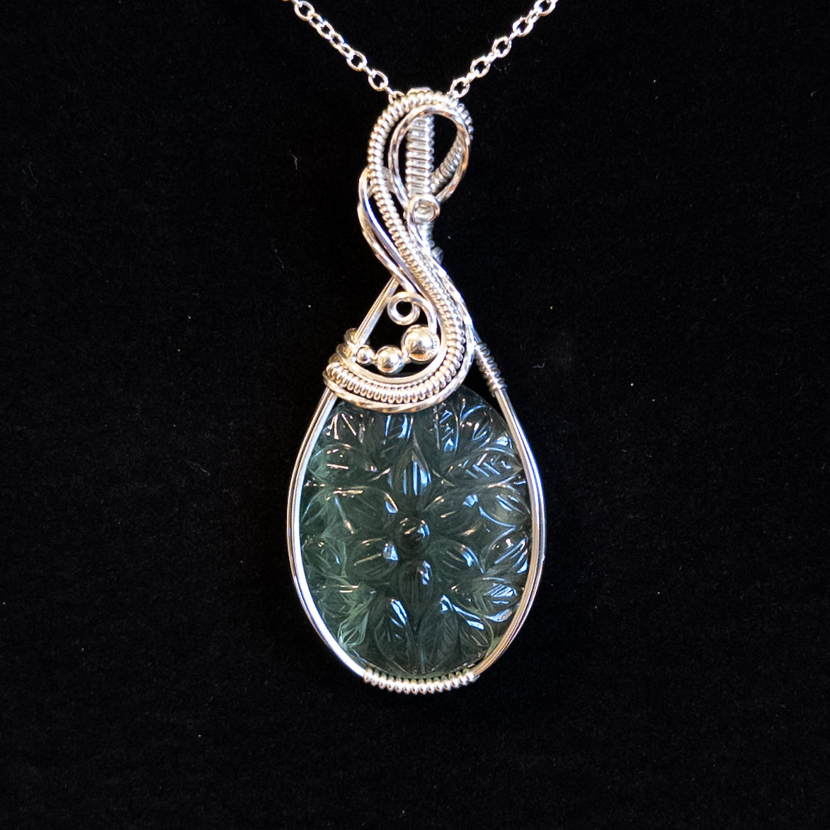 Floral Motif Carved Green Fluorite .925 Sterling Silver Pendant