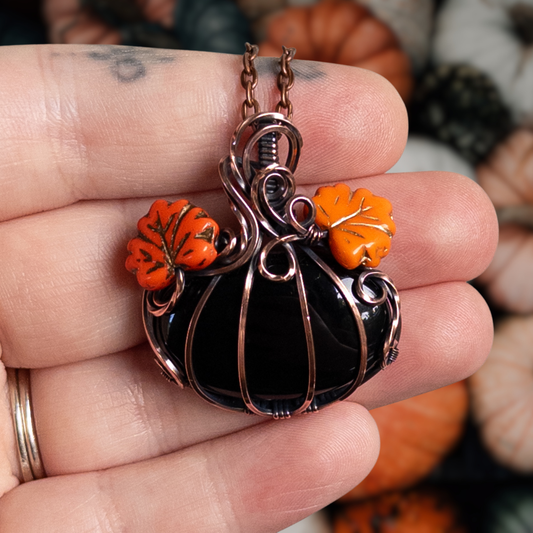 Black Onyx Antiqued Copper Pumpkin Pendant With Czech Glass Leaves