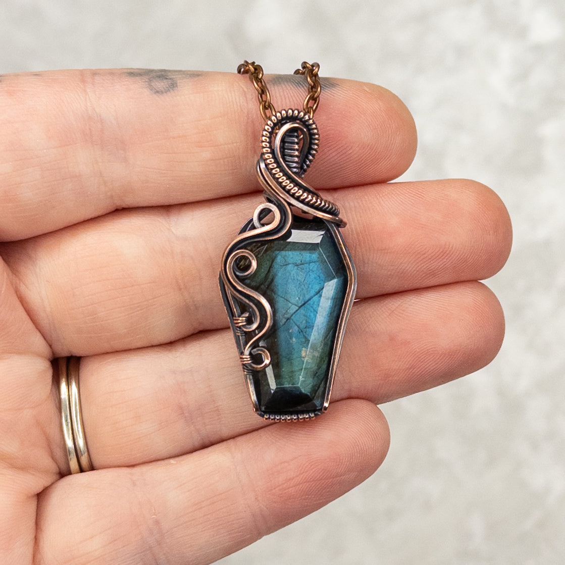 Labradorite Coffin Antiqued Copper Pendant