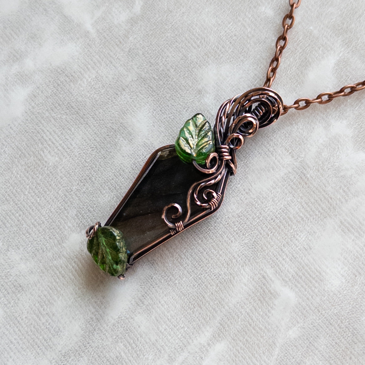 Labradorite Coffin & Leaves Antiqued Copper Pendant