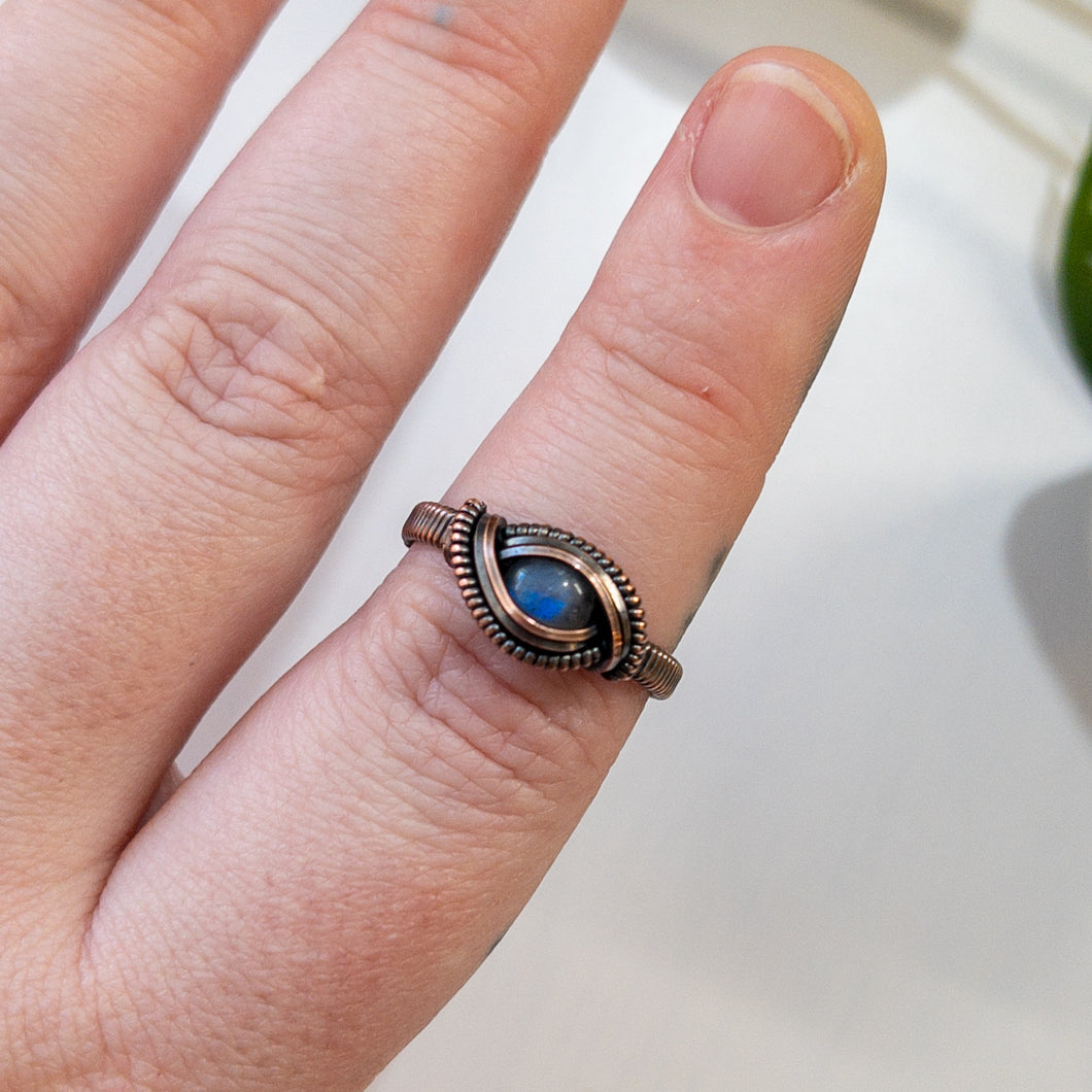 Blue Labradorite & Copper Wrapped Ring US Size 8.5