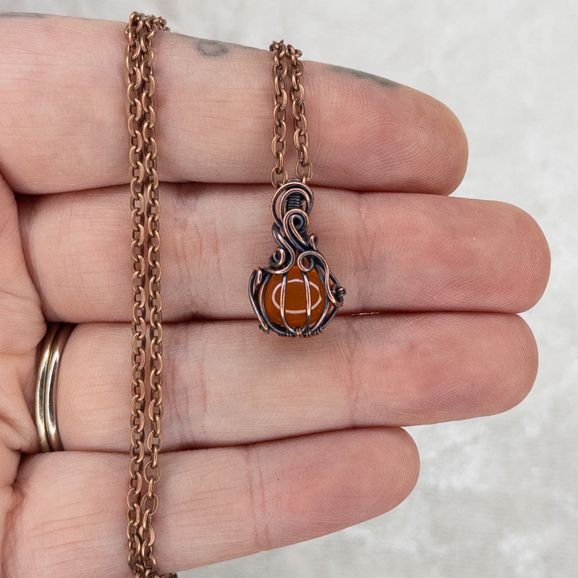 Micro Carnelian Antiqued Copper Pumpkin Pendant