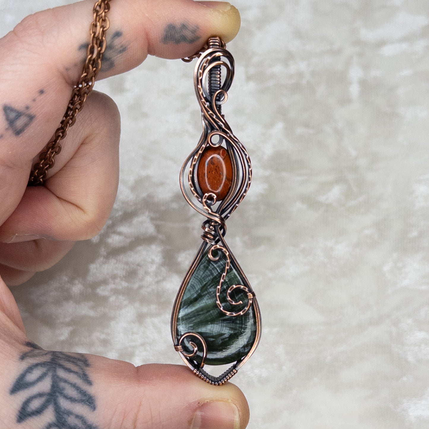Seraphinite & Red Jasper Antiqued Copper Pendant