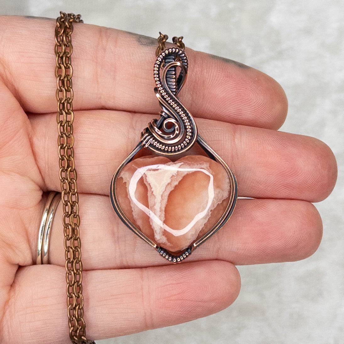 Rhodochrosite Heart Antiqued Copper Pendant