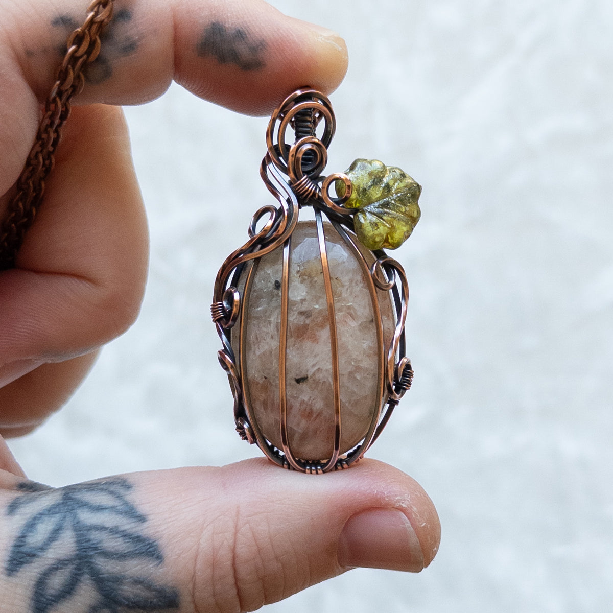 Sunstone Antiqued Copper Pumpkin Pendant With Czech Glass Leaf