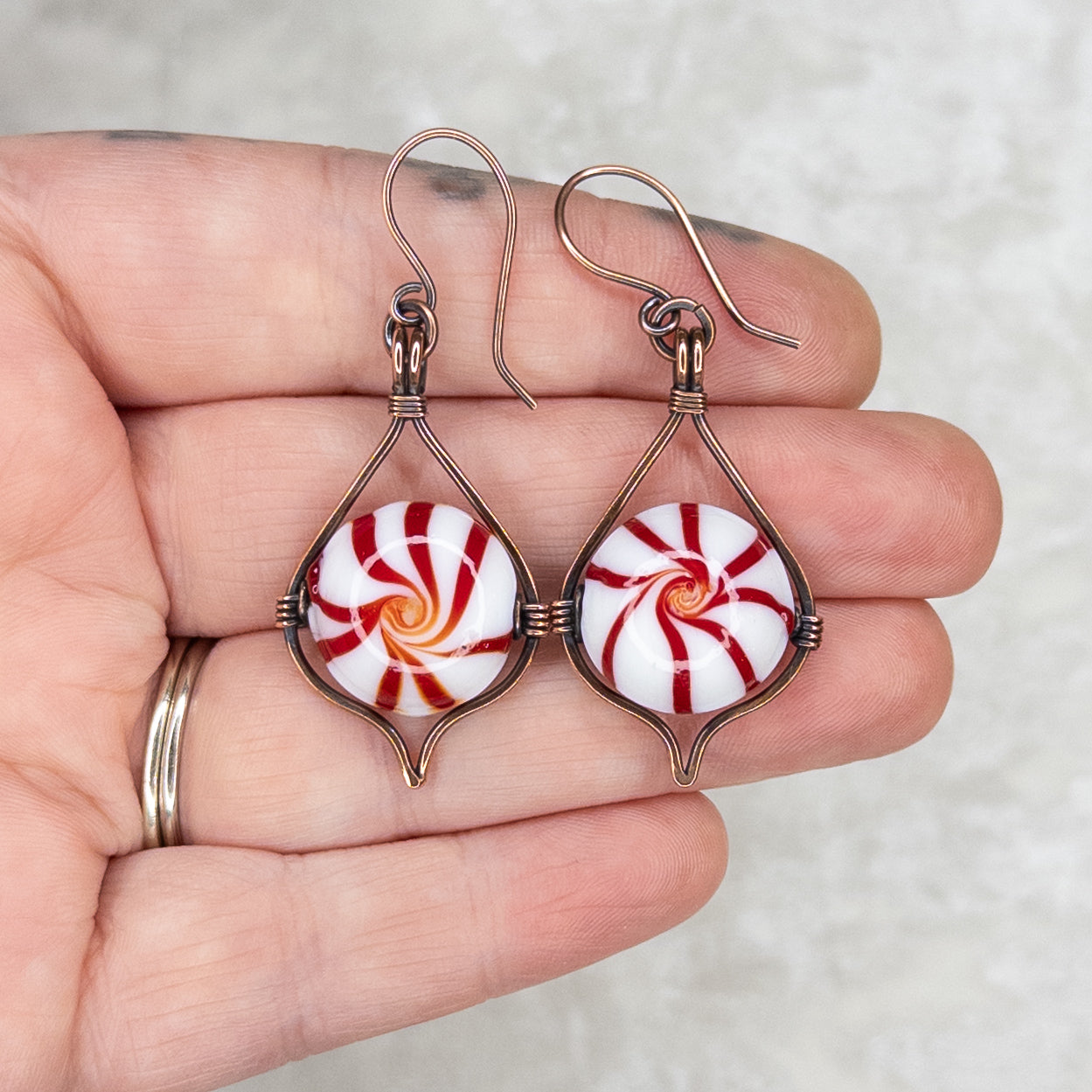 Hammered & Antiqued Copper Peppermint Candy Earrings