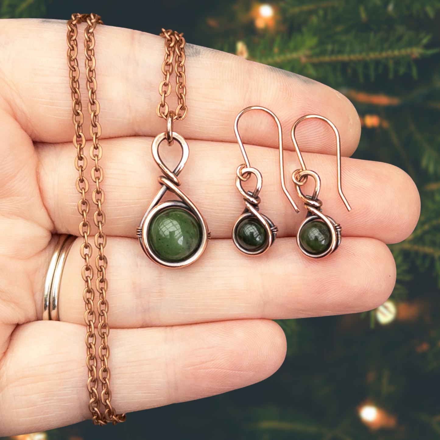Drops of Jade Antiqued Copper Pendant & Earrings Set