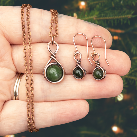 Drops of Jade Antiqued Copper Pendant & Earrings Set