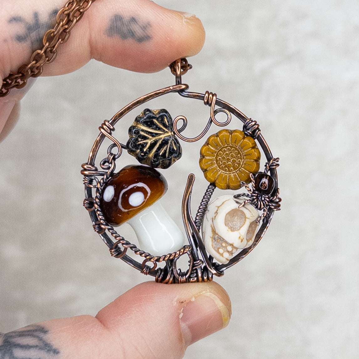 “Autumn Rest” Antiqued Copper Pendant With Czech Glass Botanical Beads, Lampwork Mushroom Bead, Stone Skull Bead, And Tiny Glass & Wire Spider
