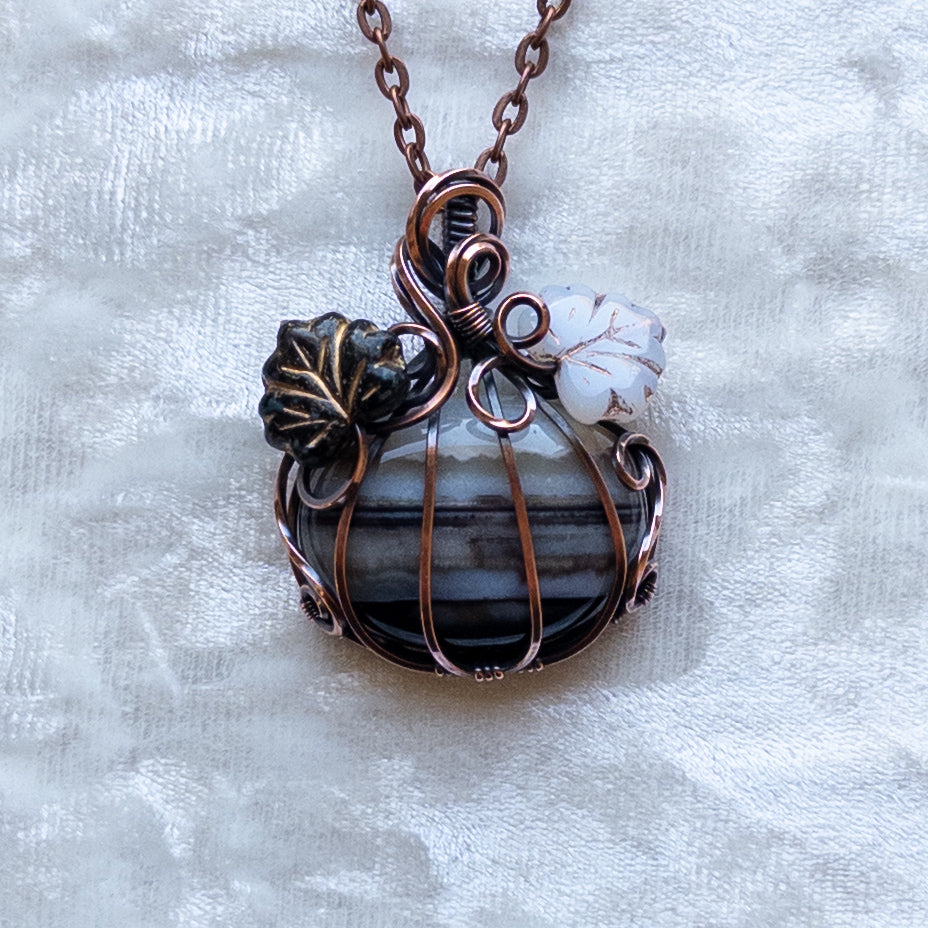 Black & White Banded Agate Pumpkin Pendant With Czech Glass Leaves - Antiqued Copper