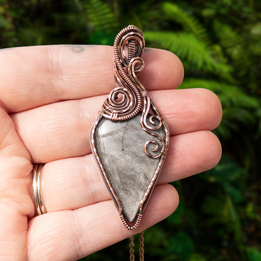 Silver Sheen Obsidian Antiqued Copper Pendant