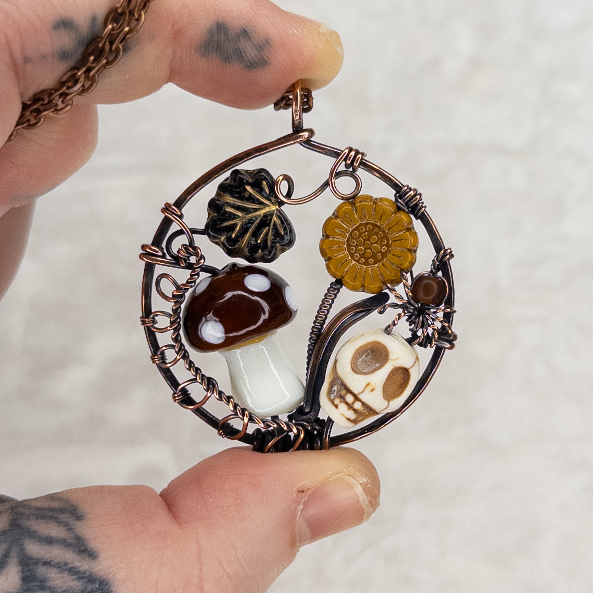 “Autumn Rest” Antiqued Copper Pendant With Czech Glass Botanical Beads, Lampwork Mushroom Bead, Stone Skull Bead, And Tiny Glass & Wire Spider