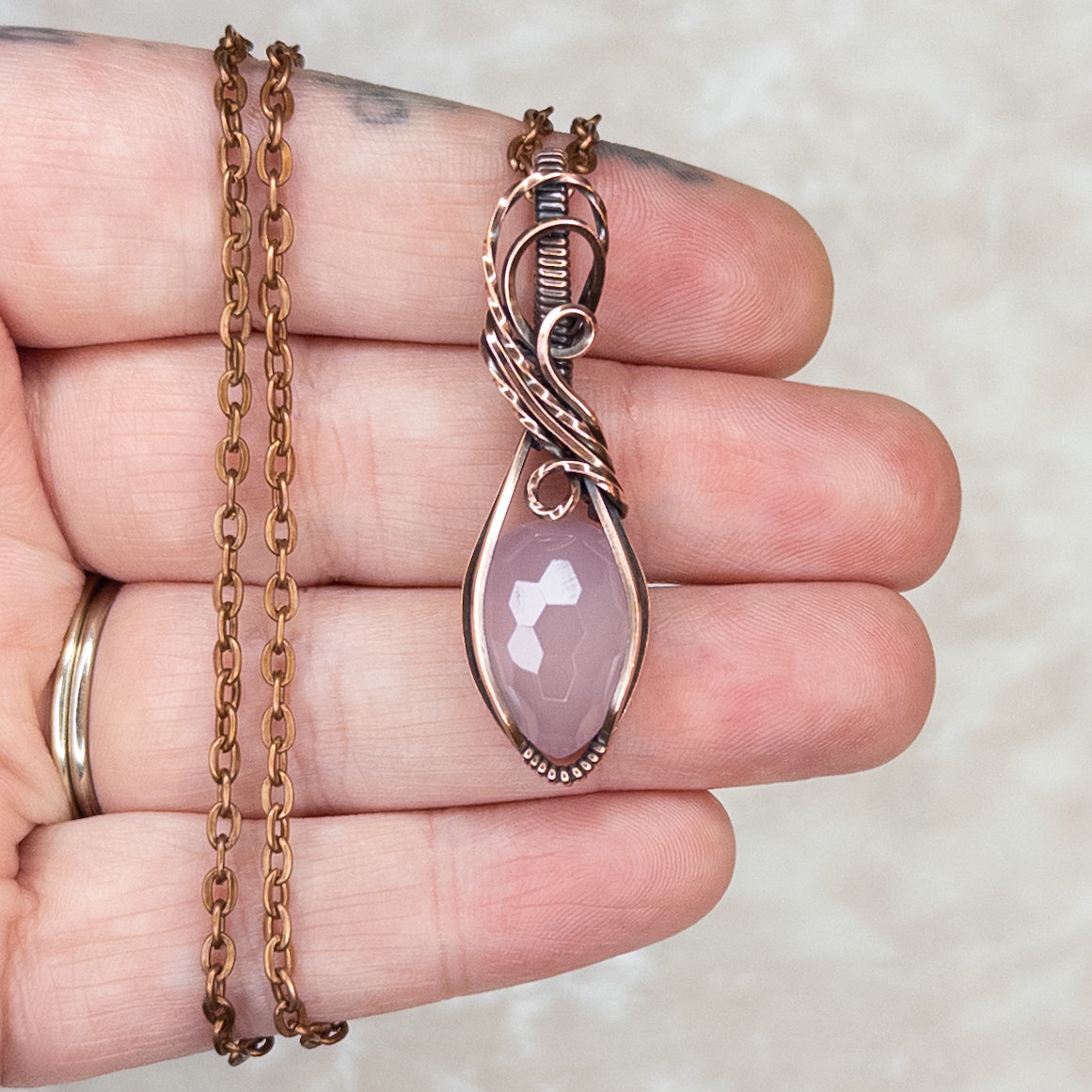 Rose Cut Pink Chalcedony Antiqued Copper Pendant