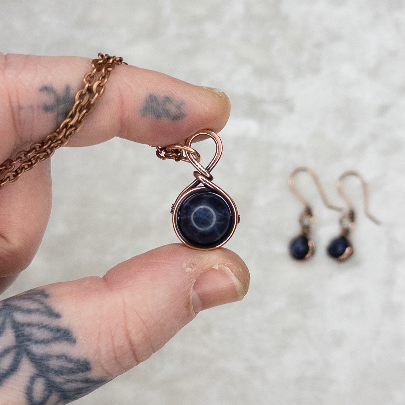 Drops of Sodalite Antiqued Copper Necklace & Earring Set