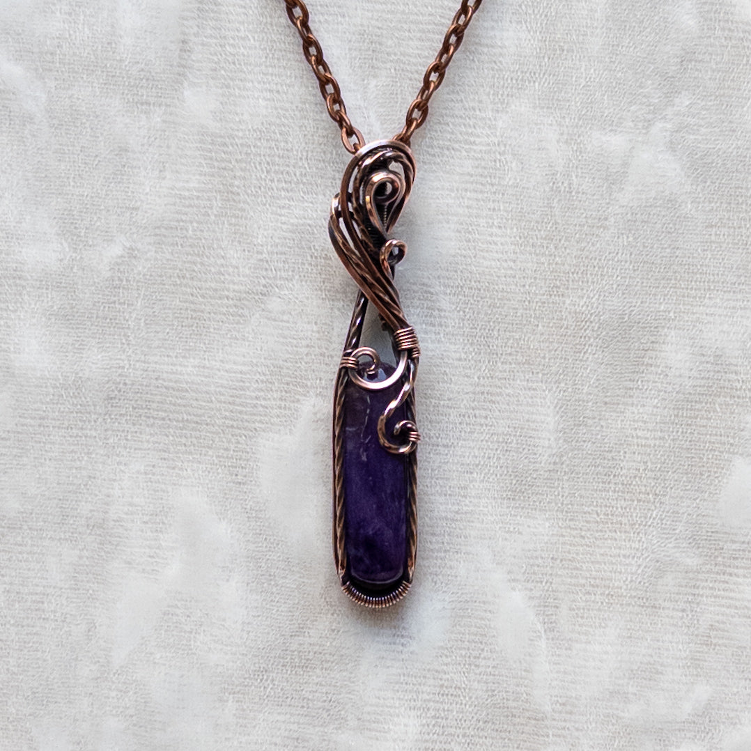 Dainty Charoite Antiqued Copper Pendant