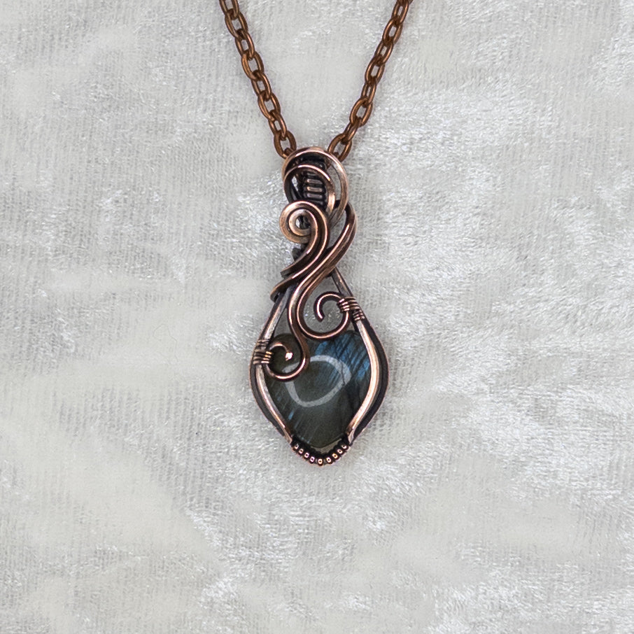 Mini Labradorite Heart Antiqued Copper Pendant