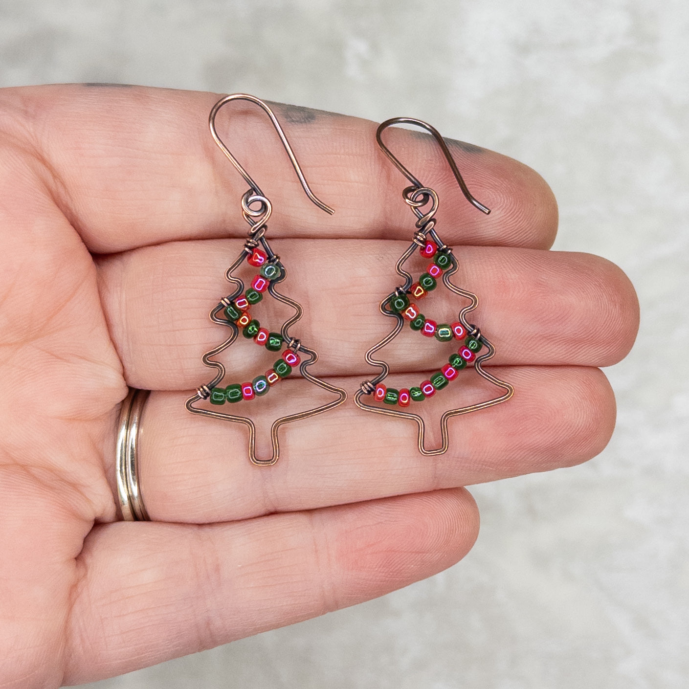 Hammered & Antiqued Copper Christmas Tree Earrings With Glass Bead “Garland”