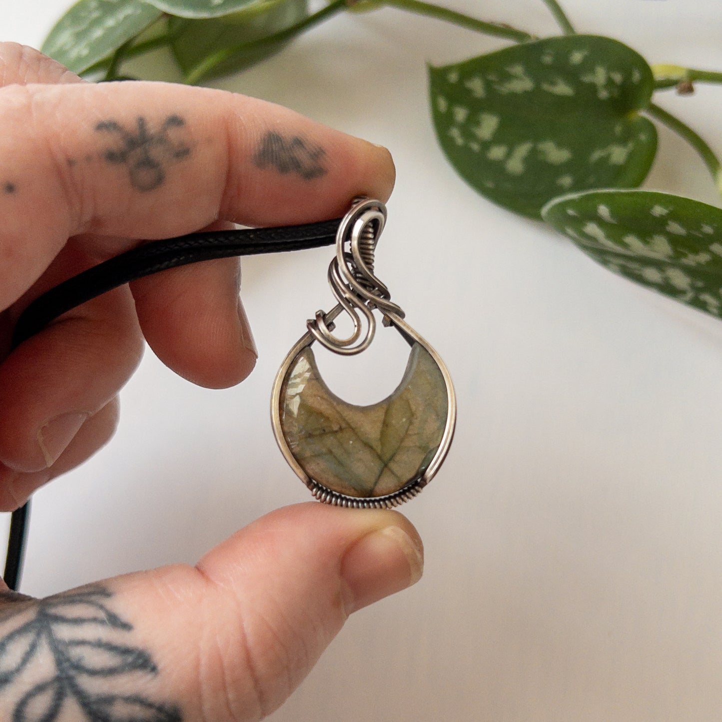 Labradorite Moon & Sterling Silver Wrapped Pendant