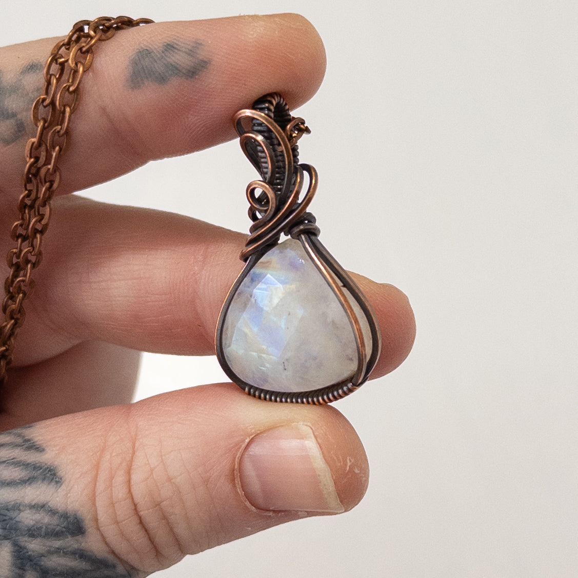 Rose Cut Rainbow Moonstone Copper Wrapped Pendant