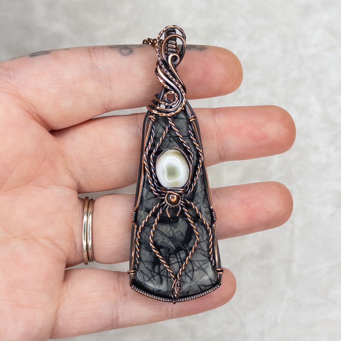 Picasso Jasper & Ocean Jasper Spider Antiqued Copper Pendant