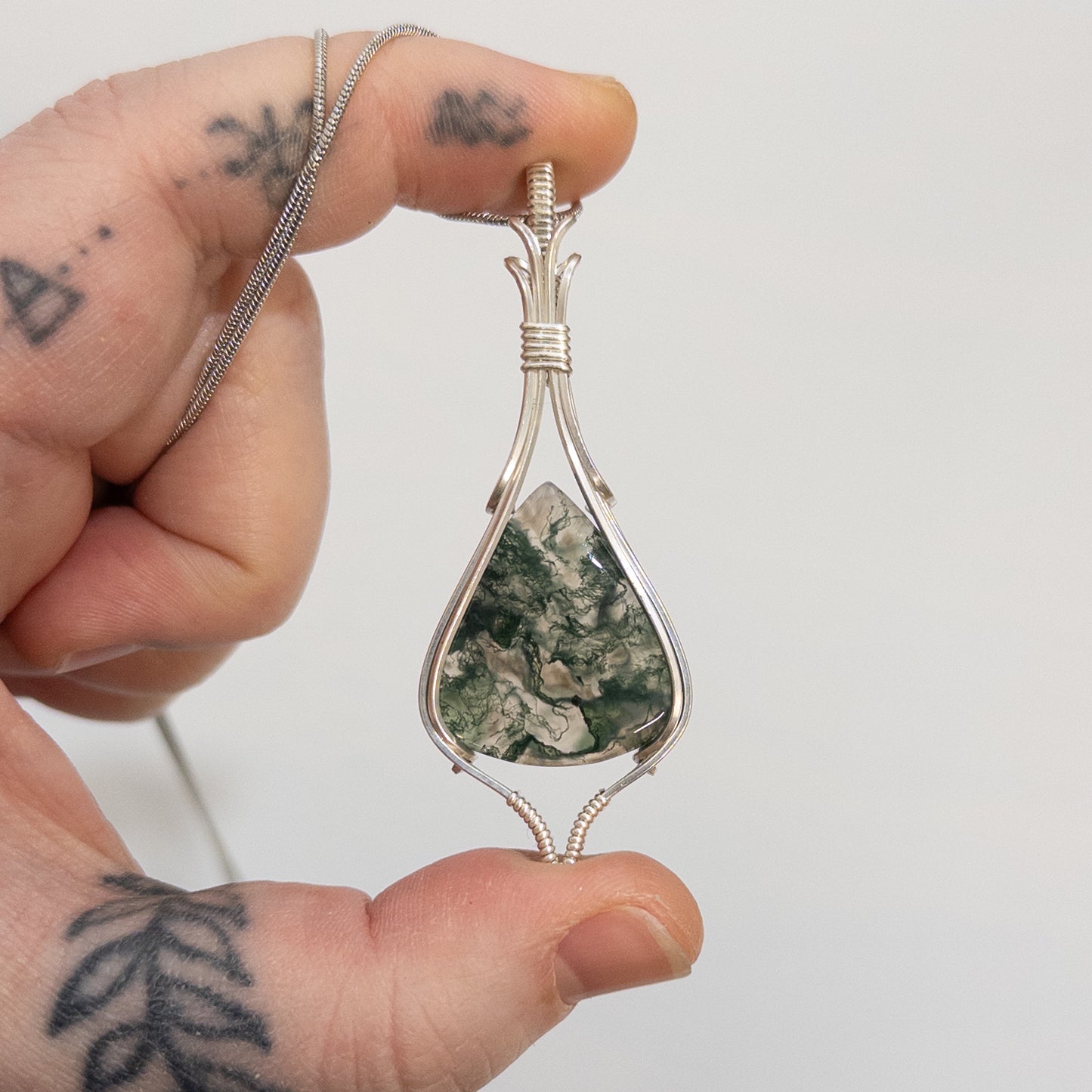 Moss Agate Sterling Silver Wrapped Pendant