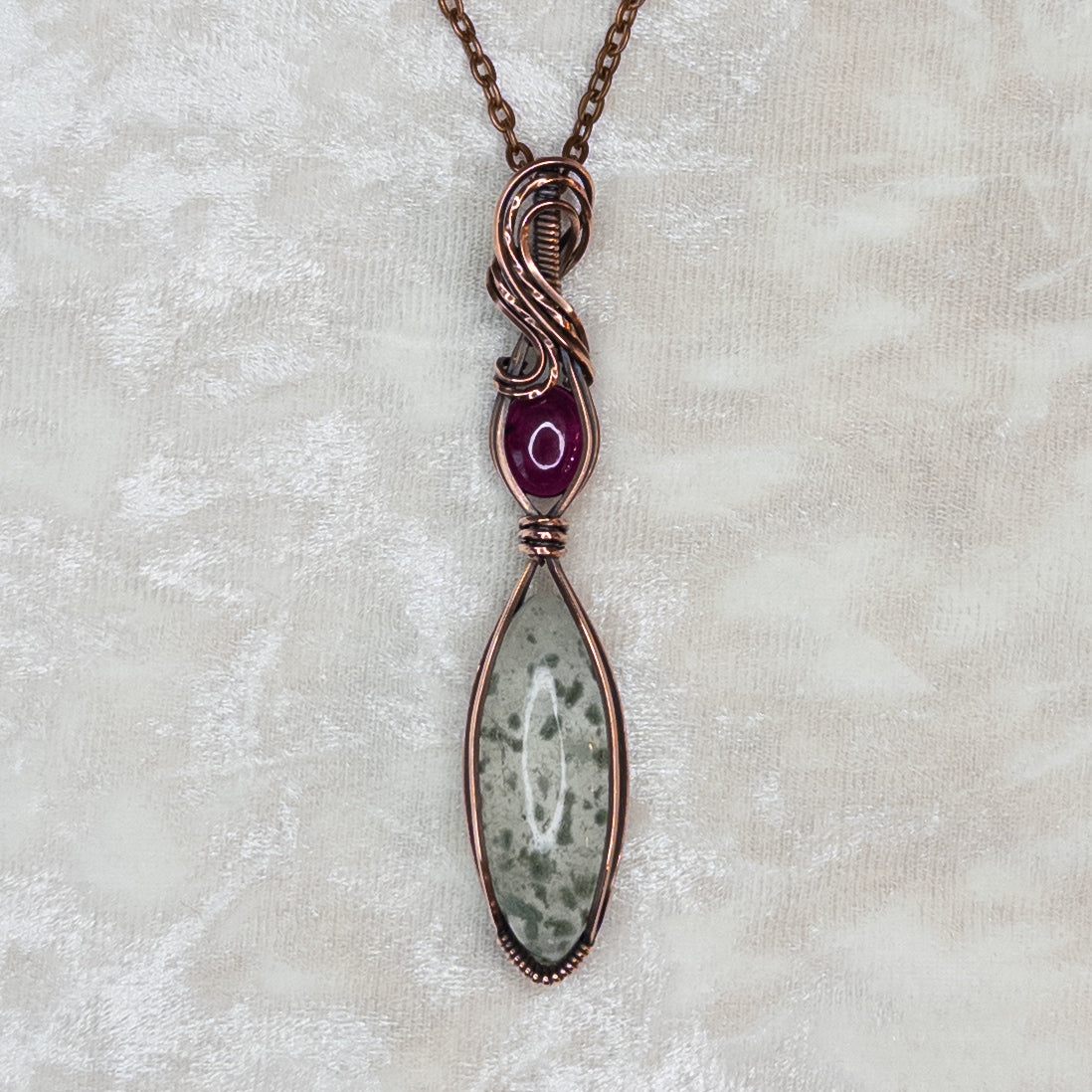 Chlorite Included Quartz & Fuchsia Garnet Antiqued Copper Pendant