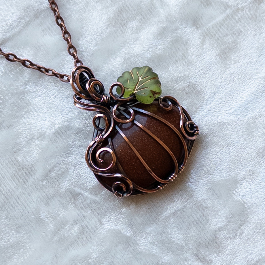 Orange Goldstone Pumpkin Pendant With Czech Glass Leaf - Antiqued Copper