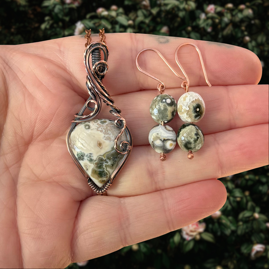 Ocean Jasper Antiqued Copper Pendant & Earring Set