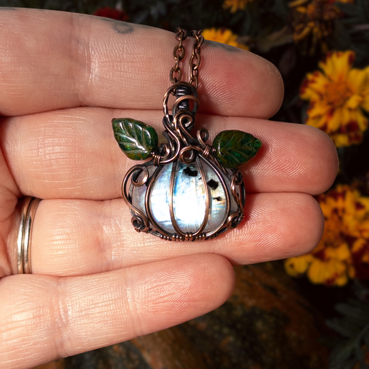 Rainbow Moonstone Antiqued Copper Pumpkin Pendant With Czech Glass Leaves