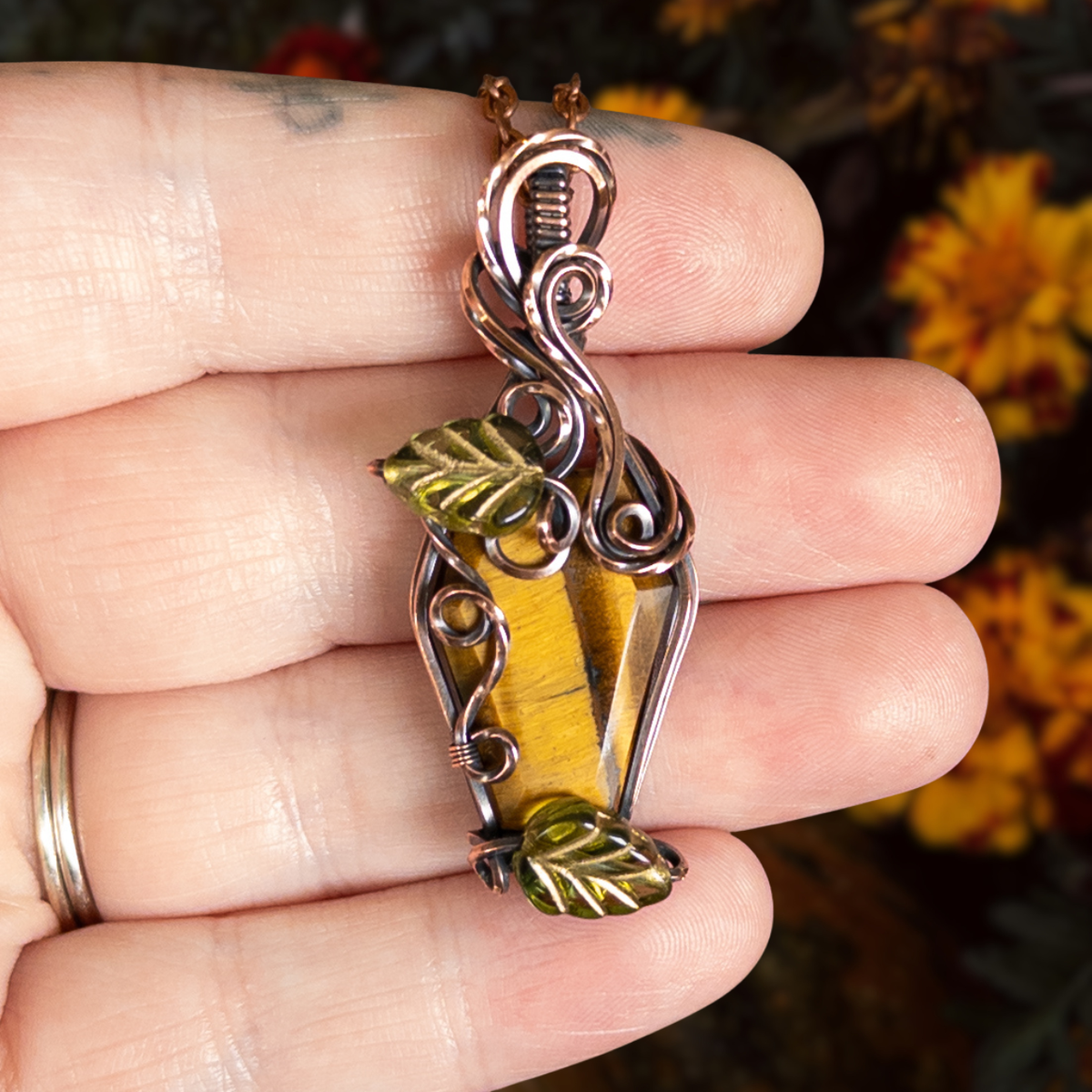Tiger’s Eye Coffin & Leaves Antiqued Copper Pendant