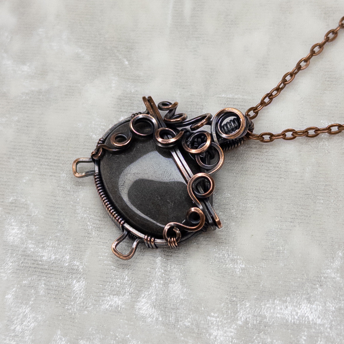 Silver Sheen Obsidian “Bubbling Cauldron” Antiqued Copper Pendant