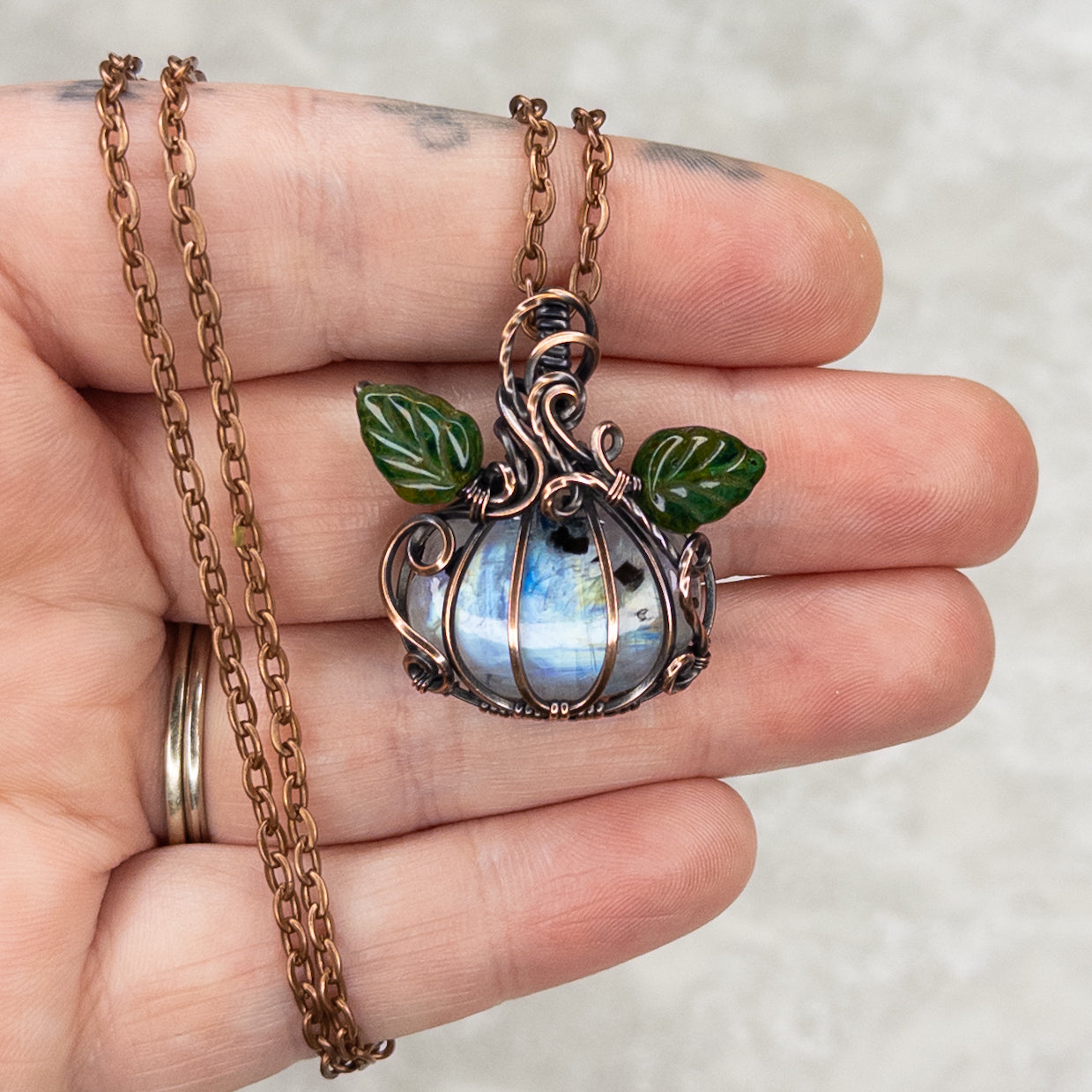 Rainbow Moonstone Antiqued Copper Pumpkin Pendant With Czech Glass Leaves