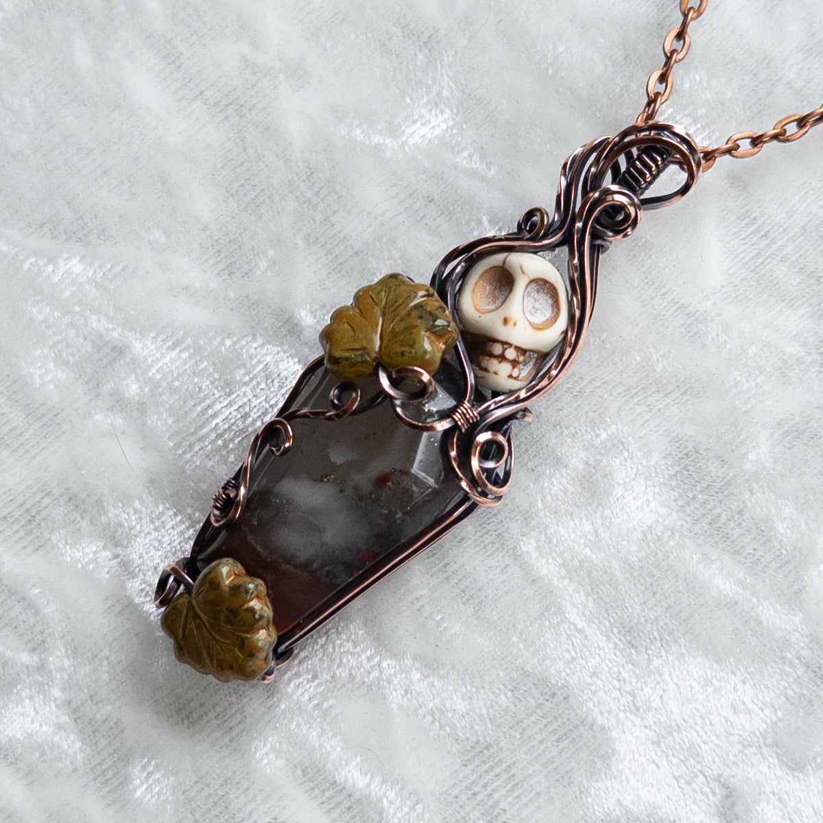 African Bloodstone Coffin & Skull Antiqued Copper Pendant With Czech Glass Leaves