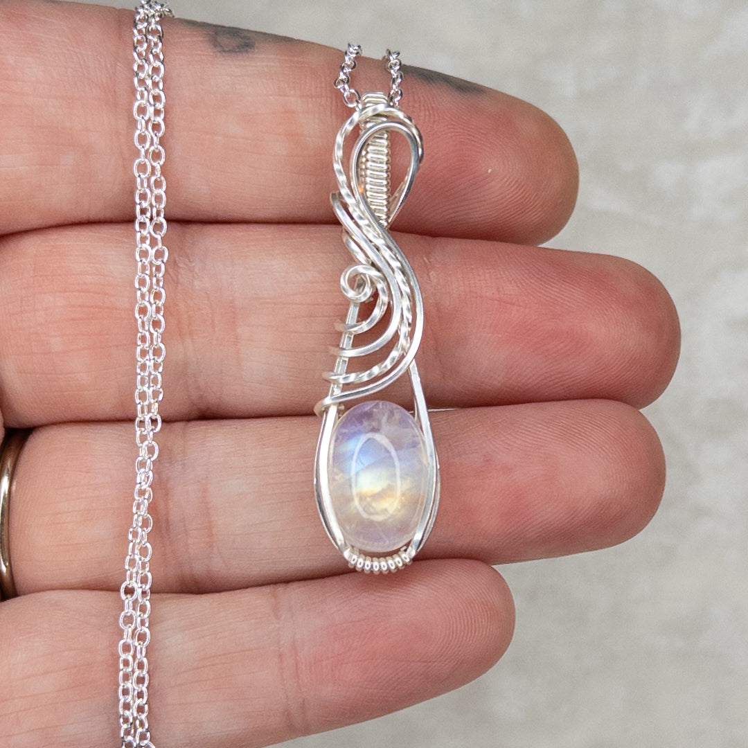 Dainty Rainbow Moonstone & .925 Sterling Silver Pendant