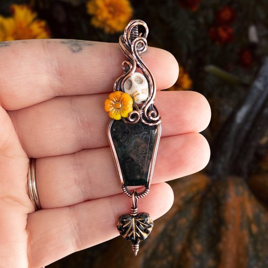 Moss Agate Coffin, Skull, & Marigold Antiqued Copper Pendant With Dangling Czech Glass Leaf
