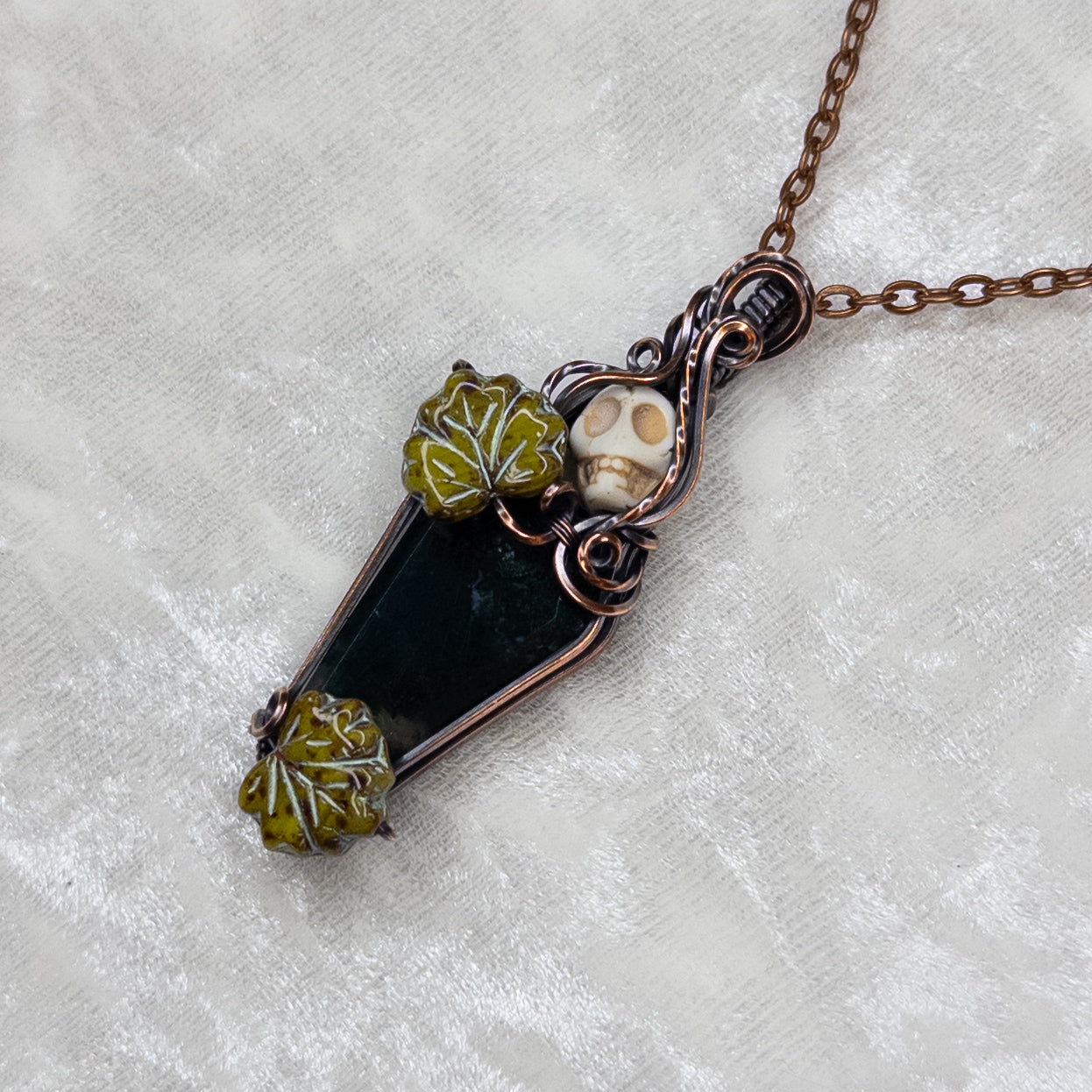 Moss Agate Coffin Antiqued Copper Pendant With Czech Glass Leaves & Stone Skull
