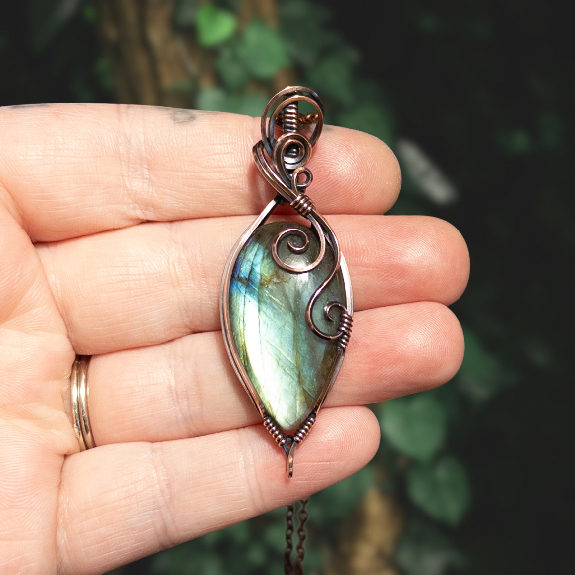 Green & Blue Labradorite Antiqued Copper Pendant