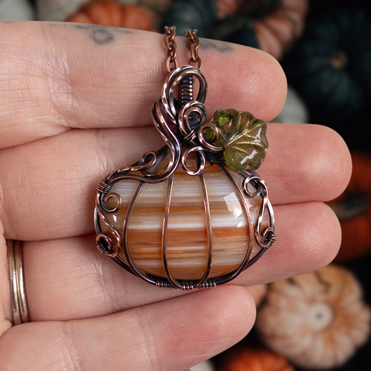 “Candy Corn” Banded Agate Antiqued Copper Pumpkin Pendant With Czech Glass Leaf