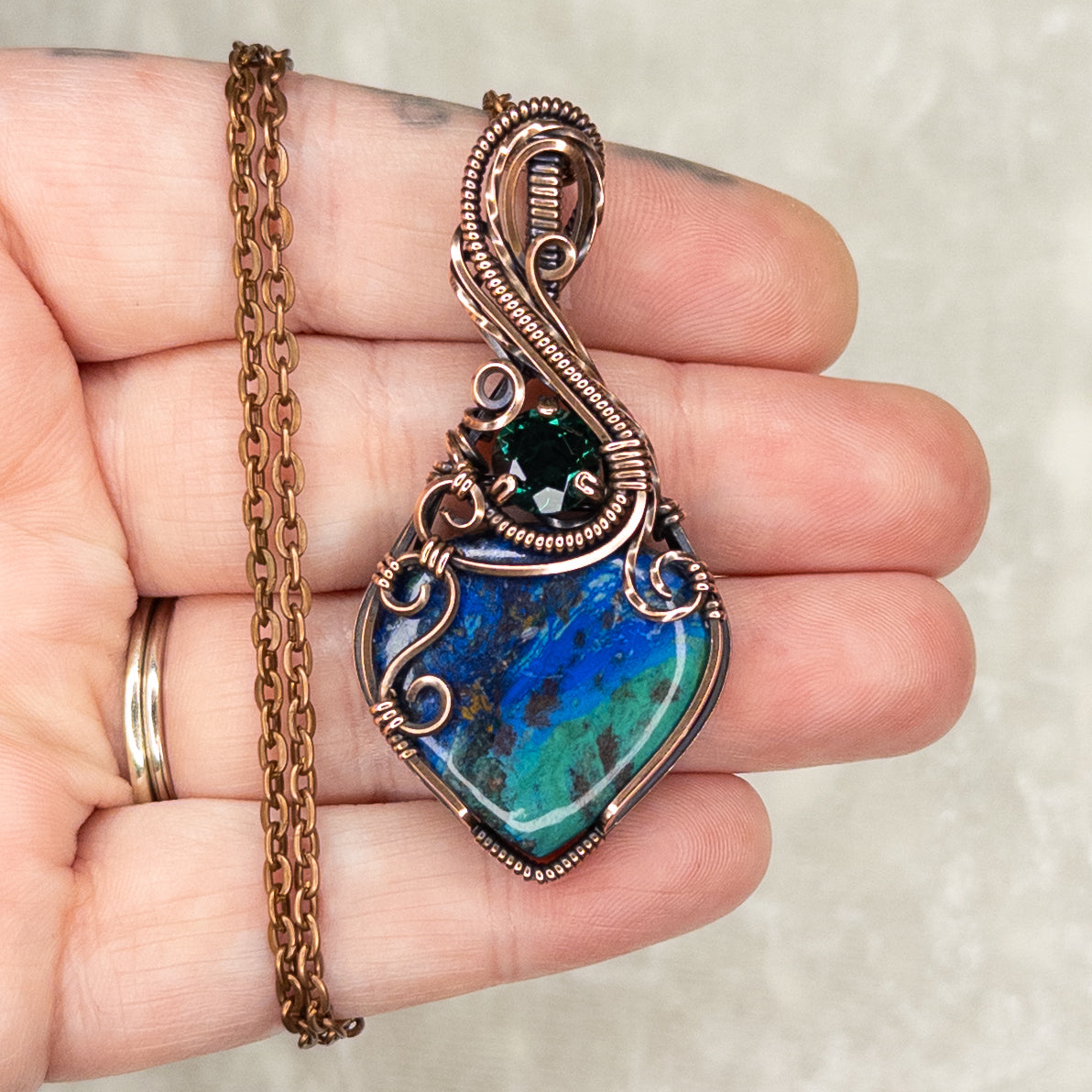 Moroccan Azurite with Malachite & Simulated Emerald Antiqued Copper Pendant
