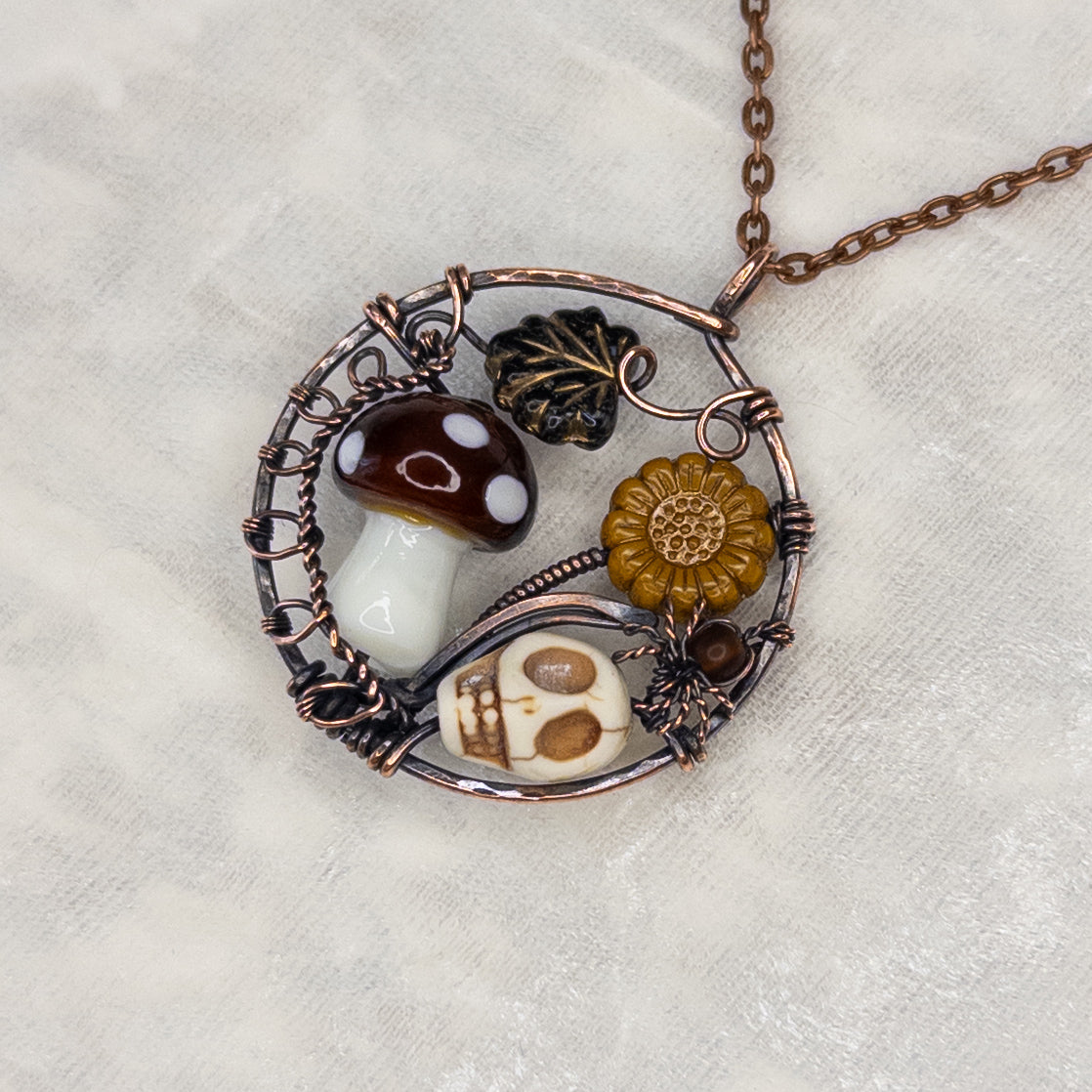 “Autumn Rest” Antiqued Copper Pendant With Czech Glass Botanical Beads, Lampwork Mushroom Bead, Stone Skull Bead, And Tiny Glass & Wire Spider