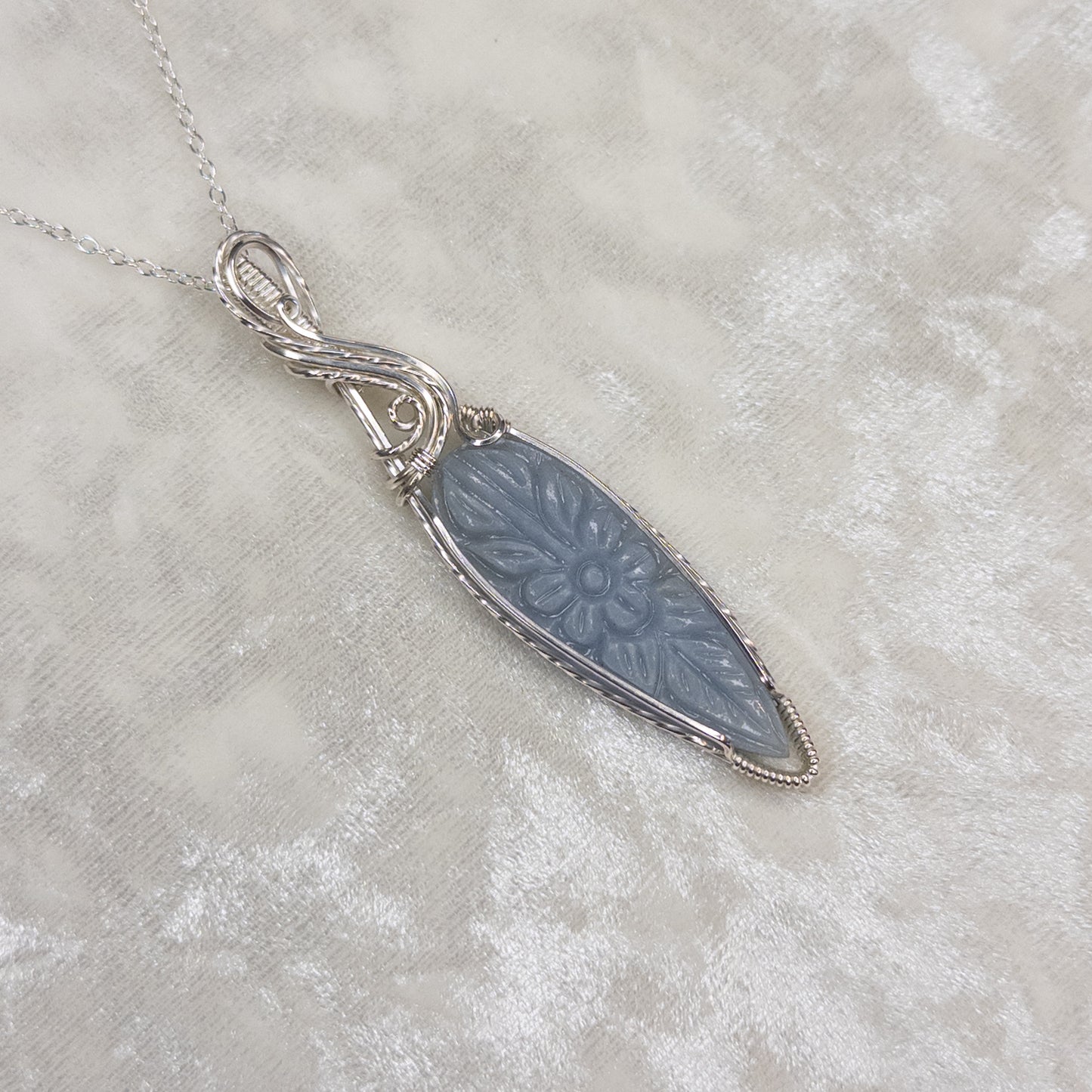 Flower Carved Angelite .925 Sterling Silver Pendant