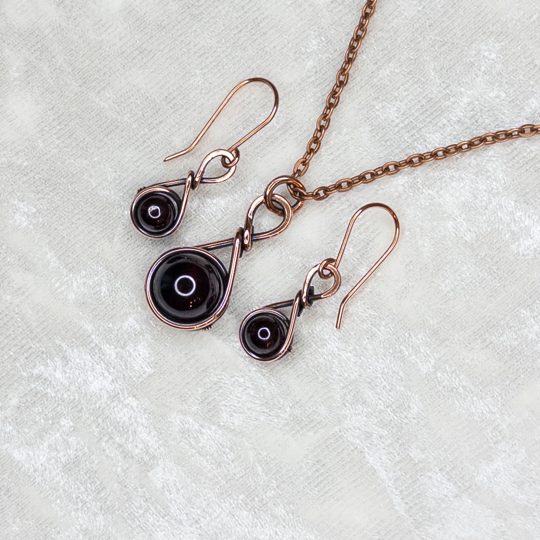 Drops of Garnet Antiqued Copper Pendant & Earrings Set