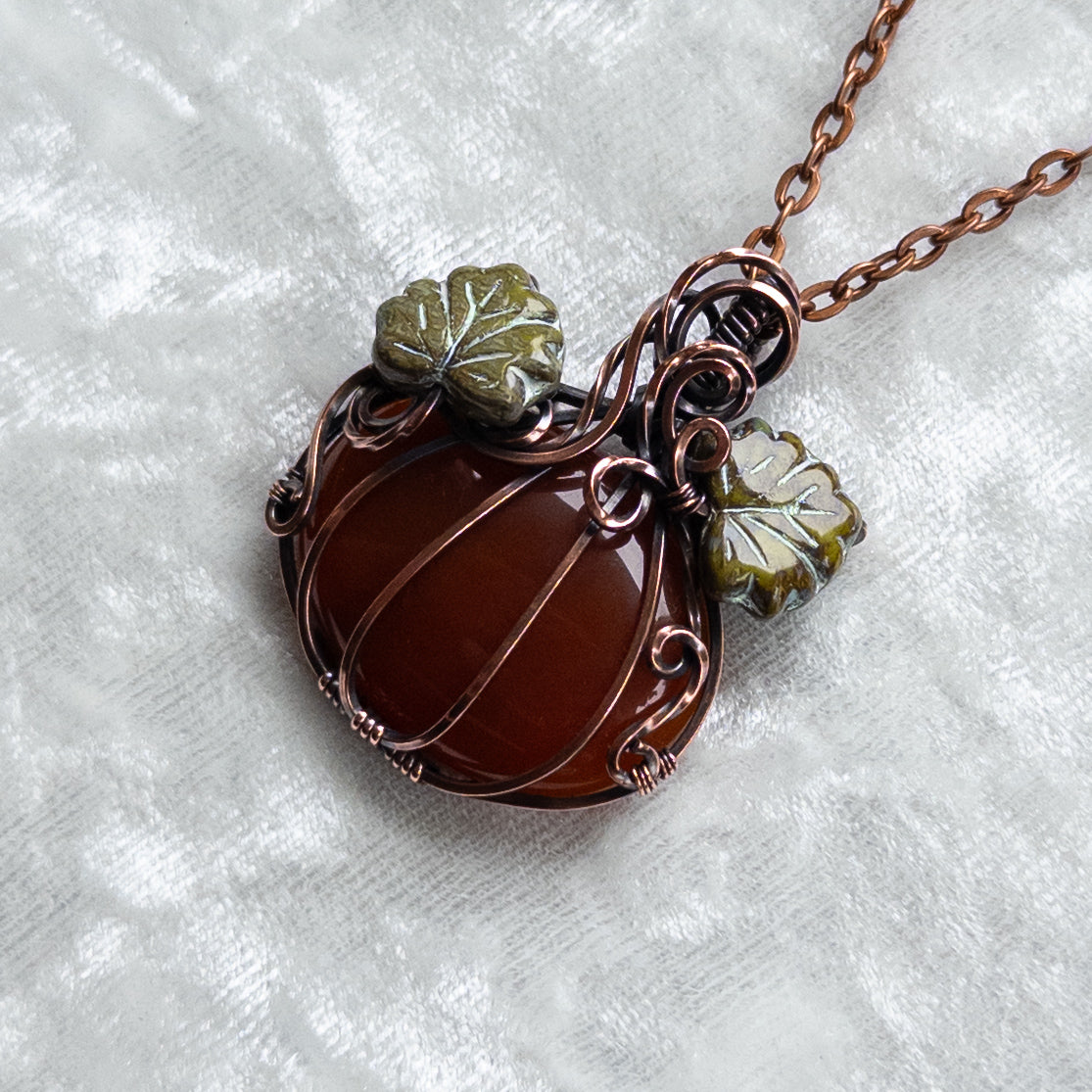 Carnelian Pumpkin Antiqued Copper Pendant With Czech Glass Leaves