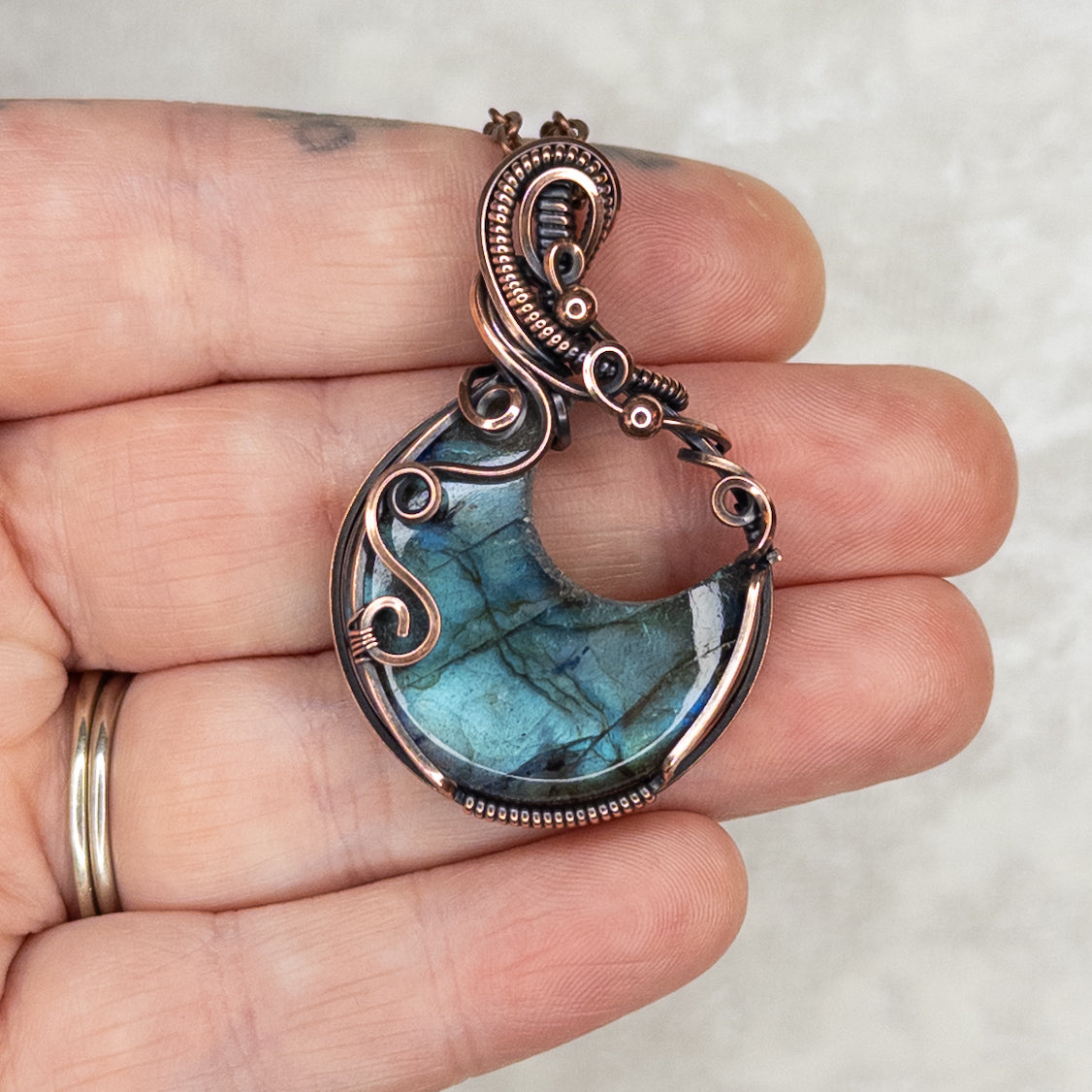 Teal Labradorite Moon Antiqued Copper Pendant