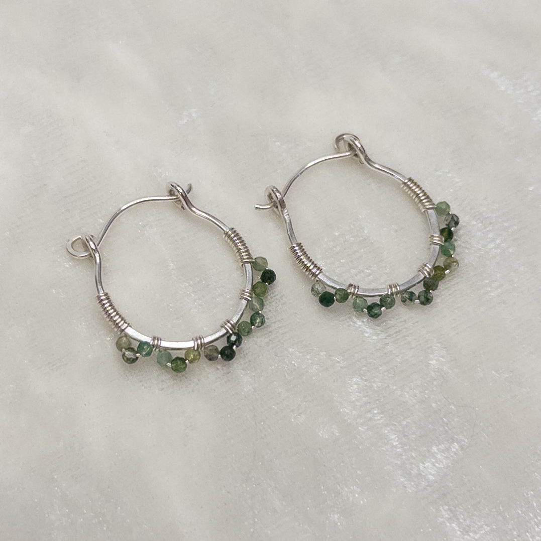 Moss Agate Sterling Silver Hinged Hoop Earrings