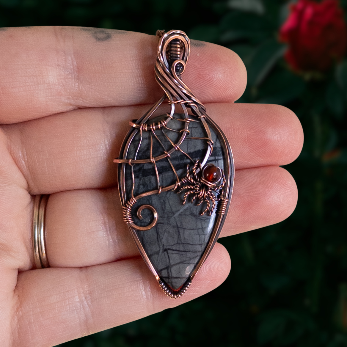 Picasso Jasper With Garnet Spider & Web Antiqued Copper Pendant