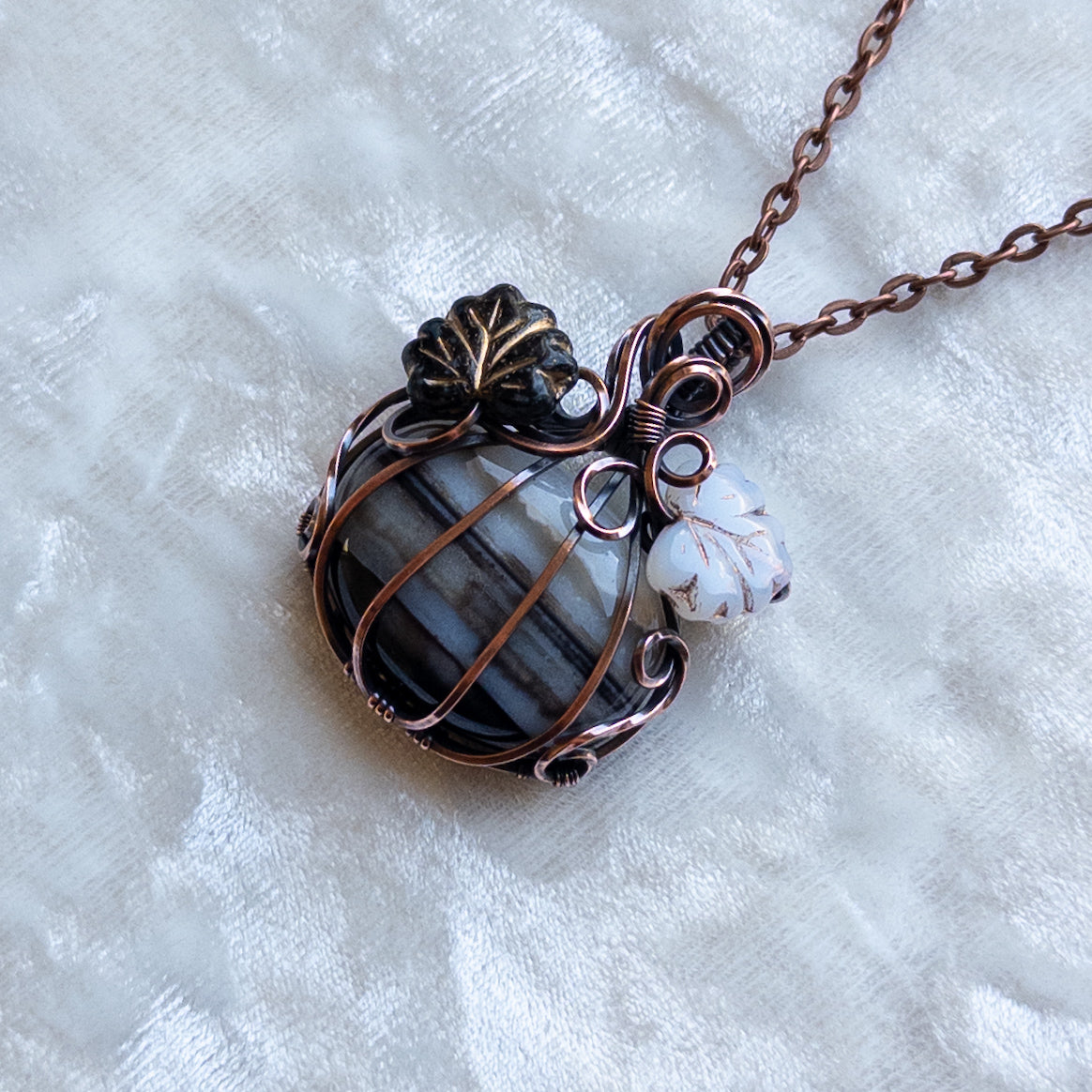 Black & White Banded Agate Pumpkin Pendant With Czech Glass Leaves - Antiqued Copper